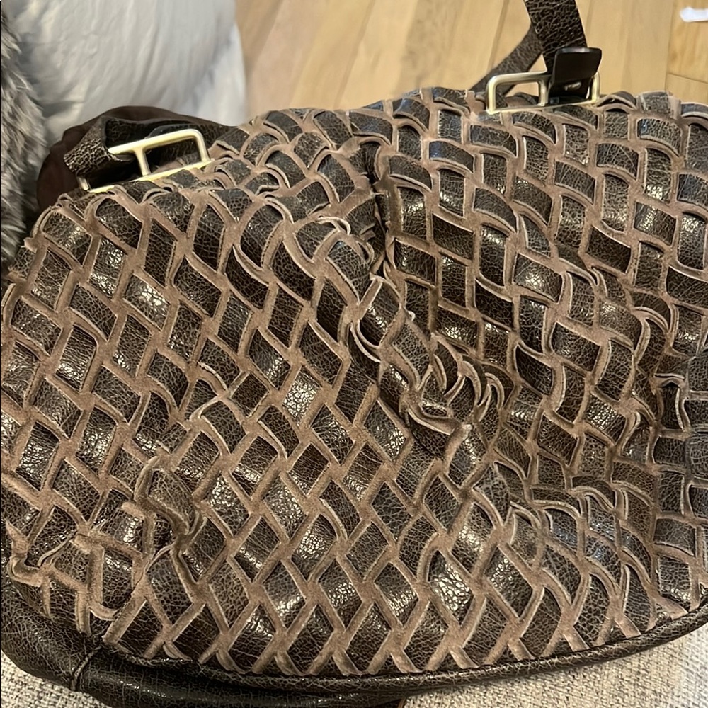 Desmo Brown Woven Leather Handbag